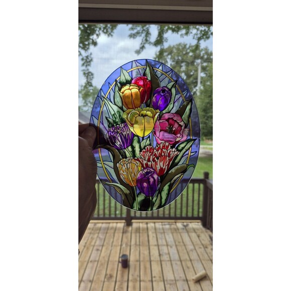 Amia Studios Handpainted Suncatcher Tulips Bright Colors Glass Painting EUC - Picture 3 of 3